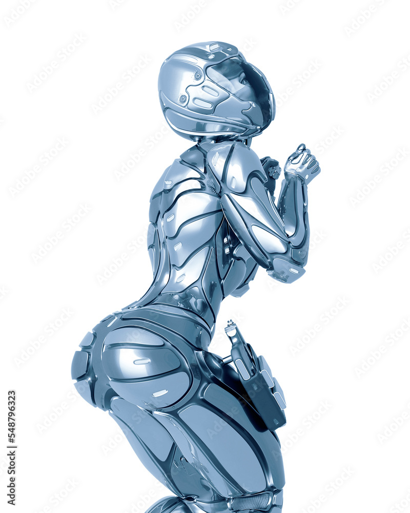 Naklejka premium astronaut girl on sci-fi suit is doing a sweet pin up pose
