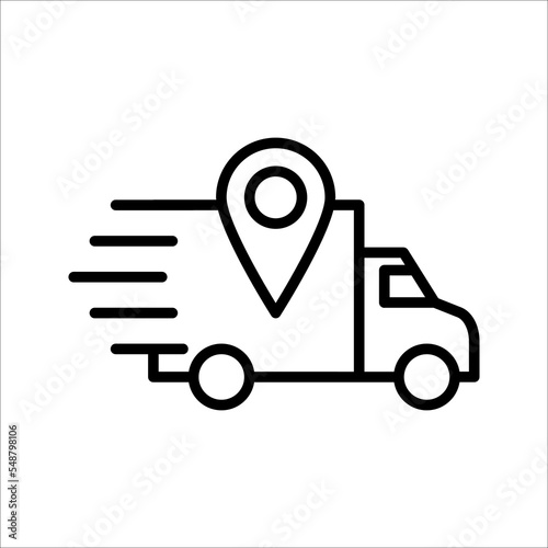 Truck delivery services, fast relocation, transportation company logo elements, shipping order, distribution line icon, vector illustration. color editable