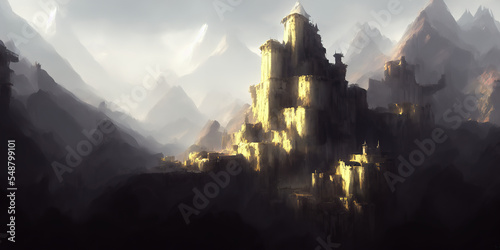 Fantasy mountain fortress. Digital illustration.