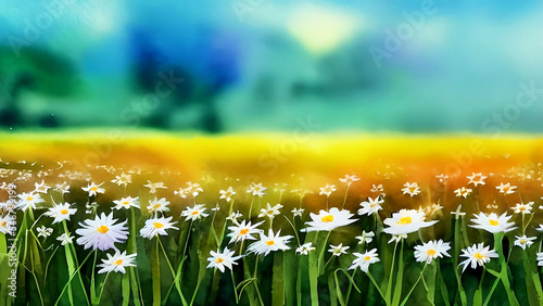 watercolor daisy flowers, colorful sipring season background with Generative AI. photo