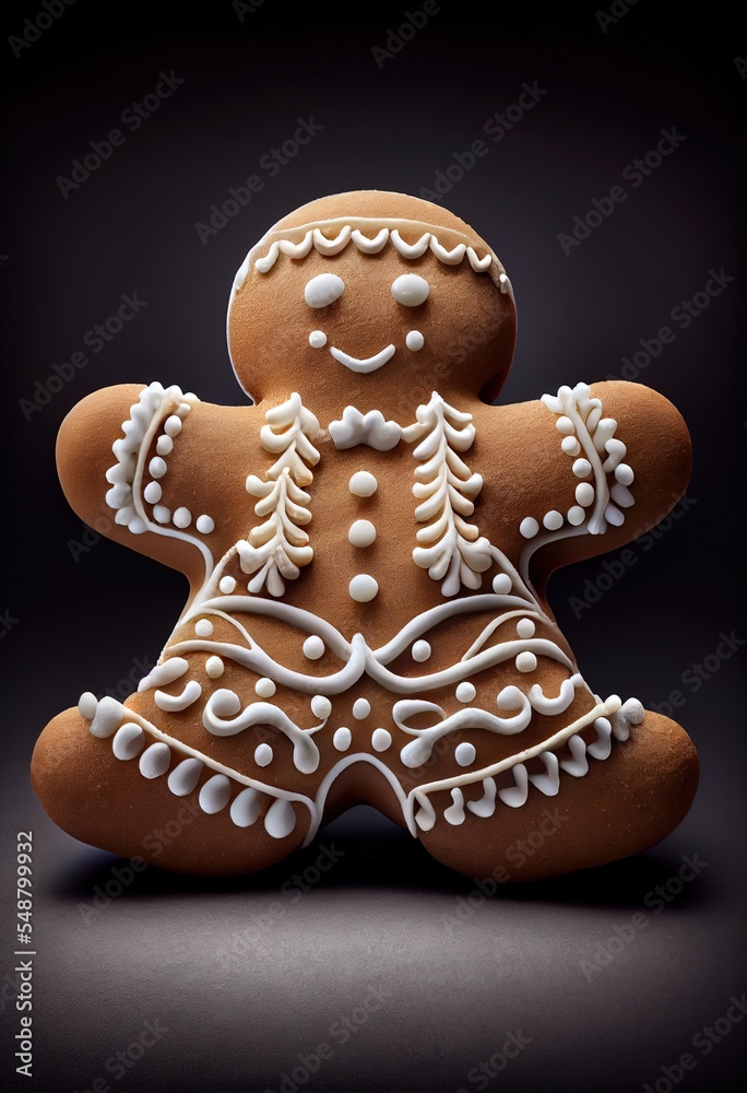 gingerbread xmas cookie man with decorative piped white sugar icing, generative ai