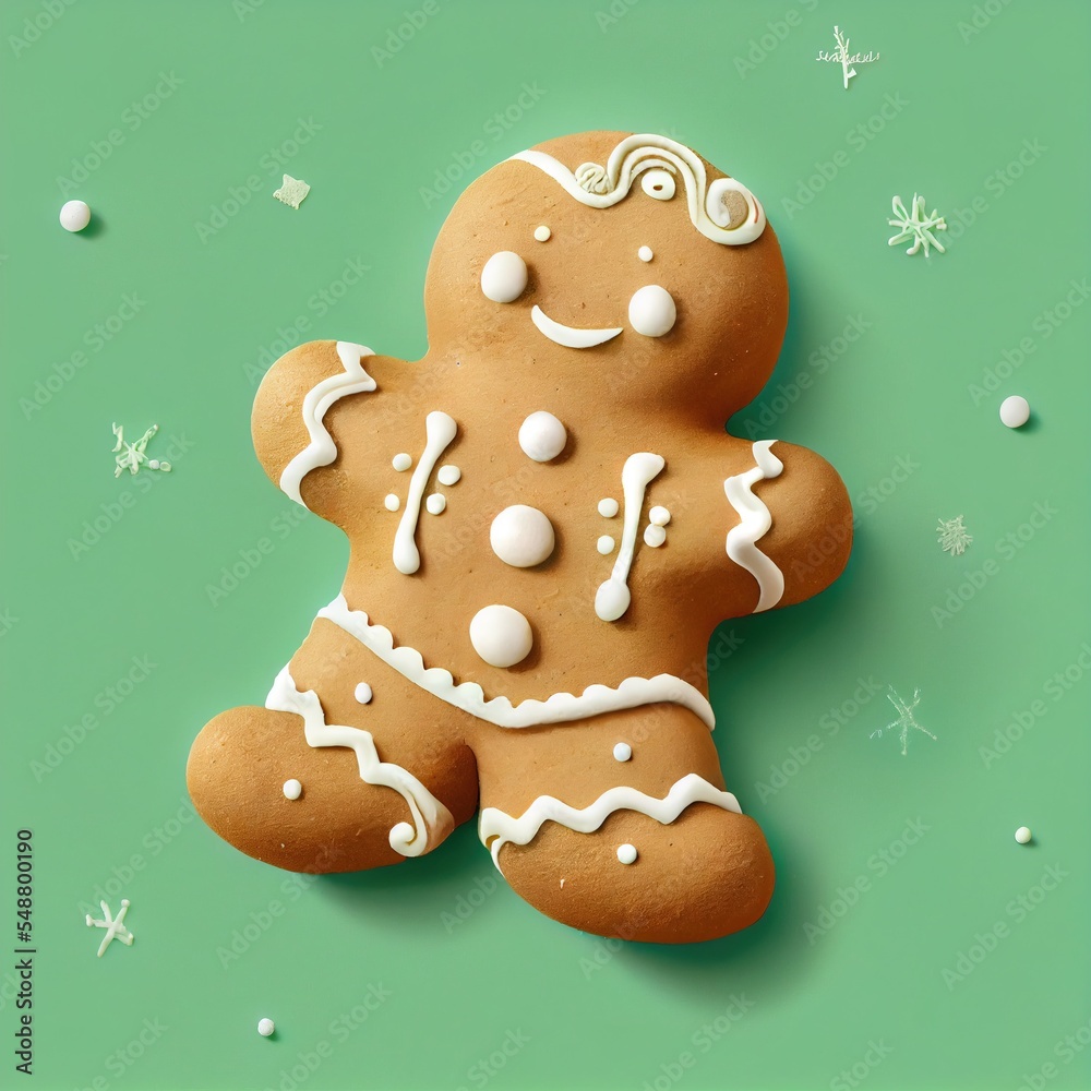 small christmas gingerbread man on a bright green background with white decorative frosting, generative ai