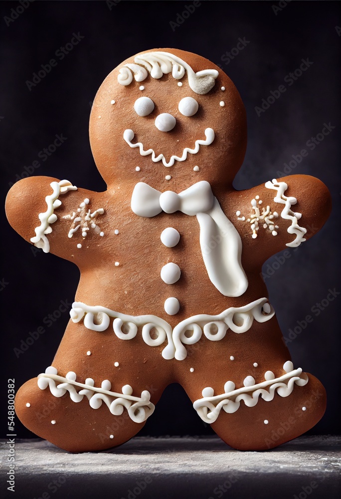 standing gingerbread person on dark background with white piping technique decorations, generative ai