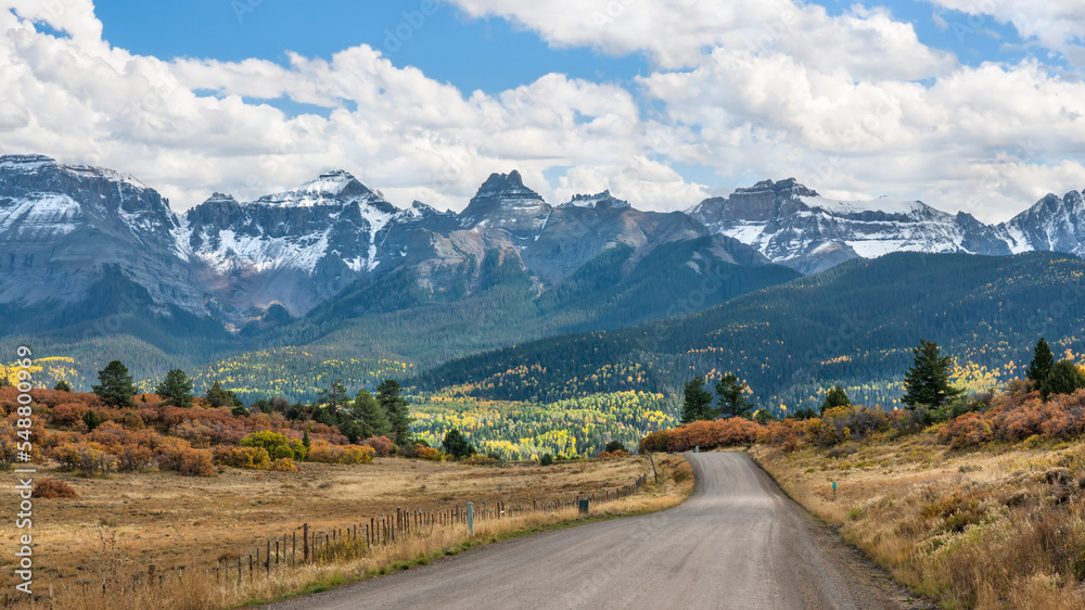 Rocky Mountains - Autumn golden aspen foliage near Ridgway Colorado - County Road 5 - Mount Sneffels - San Juan Mountains Rocky Mountains - Autumn golden aspen foliage near Ridgway Colorado - County Road 5 - Mount Sneffels - San Juan Mountains