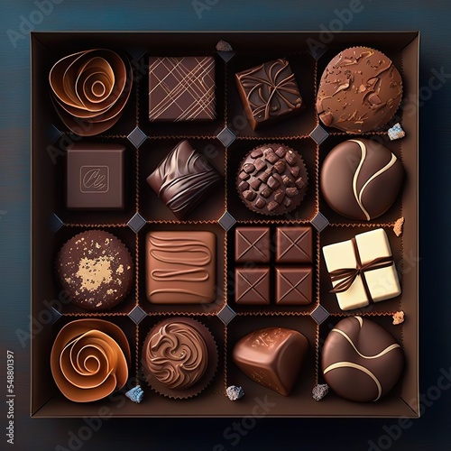 Top view of a Chocolate truffles and pralines in a box