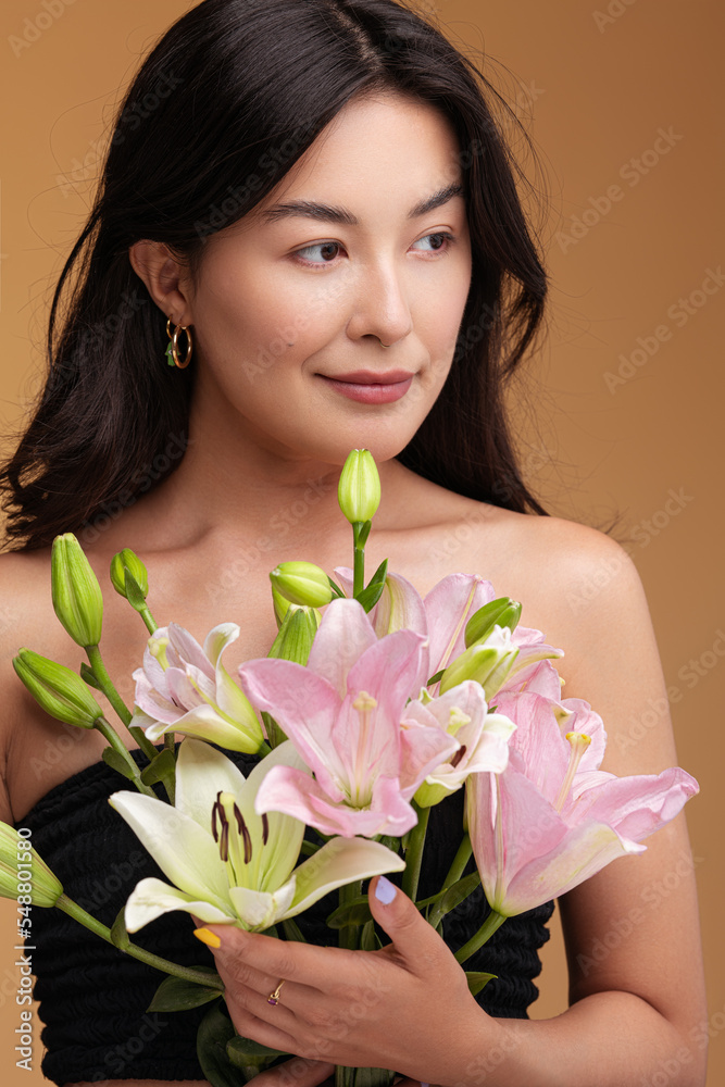 Asian woman with fresh bouquet