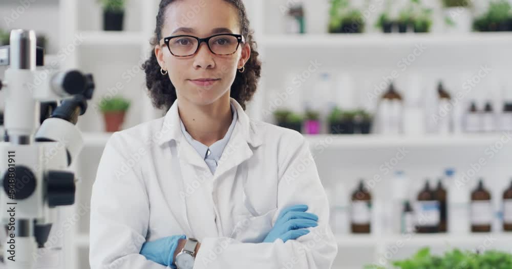 Woman, portrait and forensic scientist with arms crossed for vision, career ambition or research at the lab. Confident female with glasses in forensic science, microbiology or biologist in laboratory
