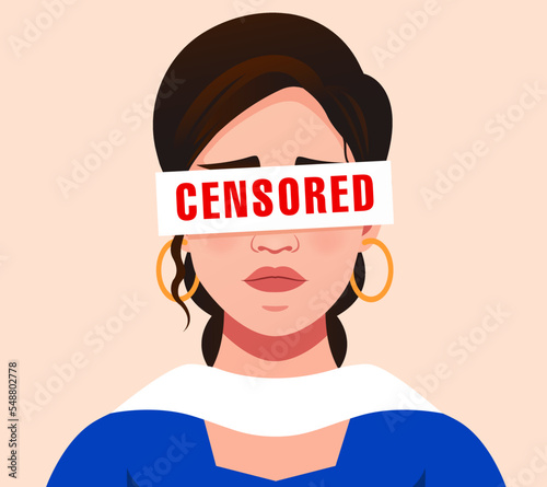 Indian woman Censored label with word censored inside, Young sad Woman. Text censored. Censorship concept. Eyes hide with the censored label. Stock illustration.