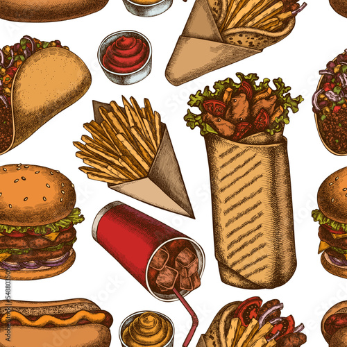 Street food seamless pattern background design. Engraved style. Hand drawn sauces, soda, gyros, burger, taco, shawarma, french fries, hot dog.