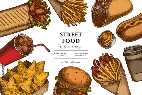 Street food hand drawn illustration design. Background with retro sauces, nachos, soda, gyros, burger, taco, shawarma, french fries, hot dog, paper cup.
