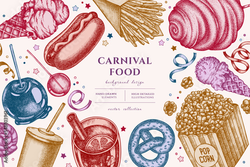 Carnival food hand drawn illustration design. Background with vintage french fries, pretzel, popcorn, lemonade, hot dog, mulled wine, caramel apple, cotton candy, ice cream cones, lollipop, ribbons.