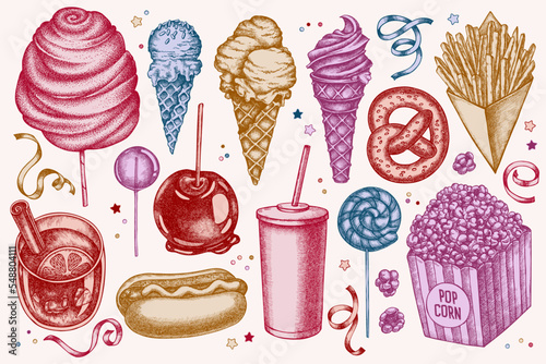 Carnival food hand drawn vector illustrations collection. Stylized french fries, pretzel, popcorn, lemonade, hot dog, mulled wine, caramel apple, cotton candy, ice cream cones, lollipop, ribbons.