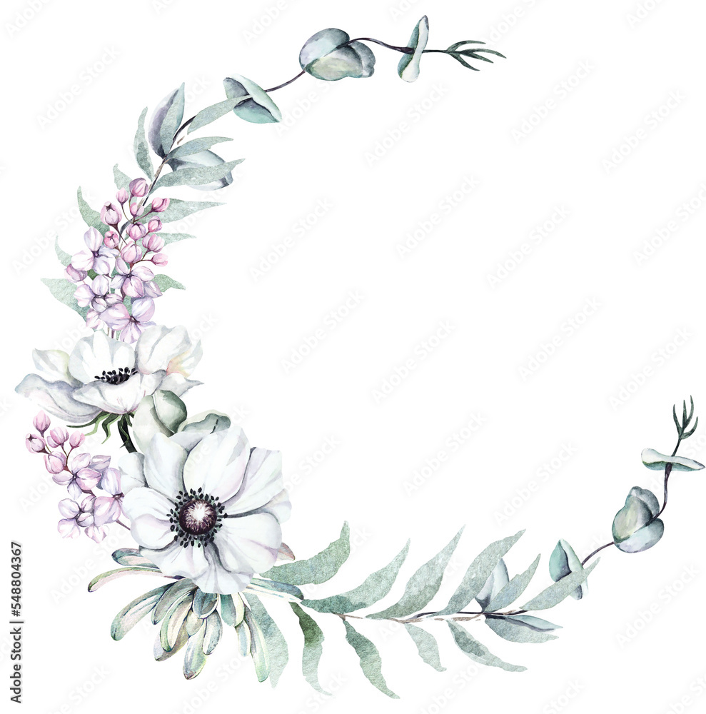Flower clrcular frame.Anemone wreath painted in watercolor.Elegant floral collection white flower arrangements.For invitation, wedding or greeting cards.