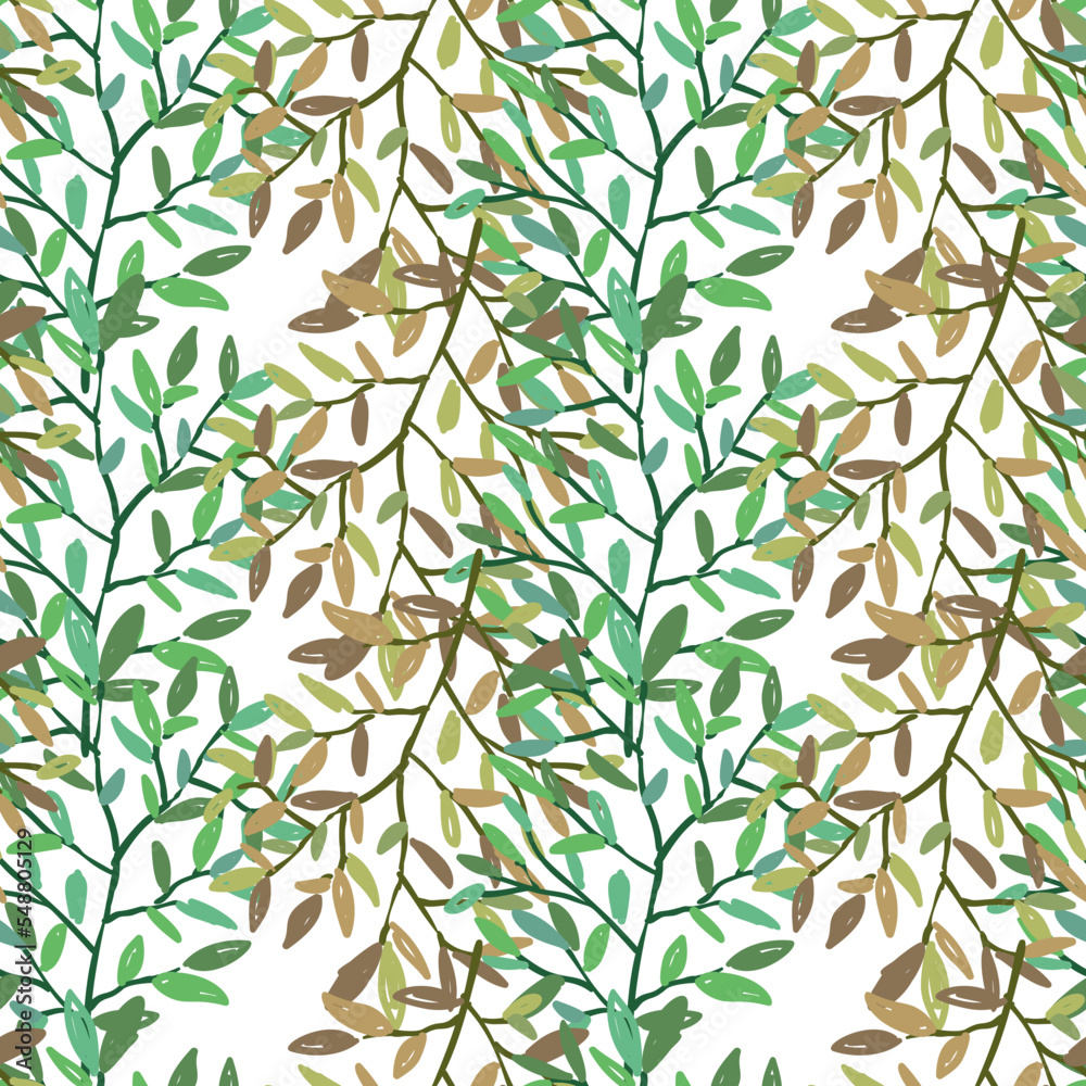 Fototapeta premium Decorative forest twig endless wallpaper. Hand drawn branches with leaves seamless pattern.