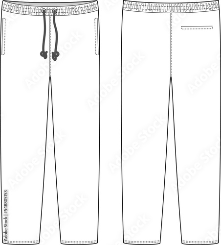 Sport style jogger pants with pockets. Technical sketch. Kids trousers design template.