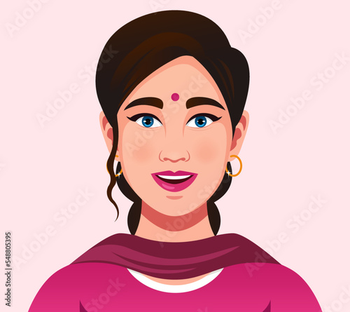 Indian woman in traditional dress. Portrait of a beautiful girl. Avatar, Face. Vector flat illustration. Woman wear suit with long dark hair. Avatar for a social network. Fashion illustration 