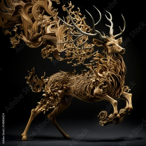 Fantasy deer jumping with ornaments on his back