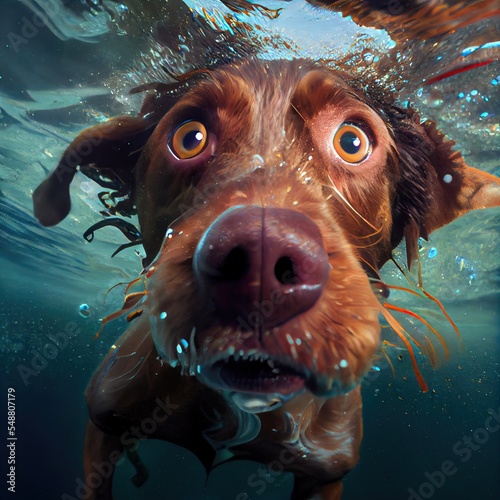 Leinwand Poster a dog swimming in the water with its head above the water's surface and looking