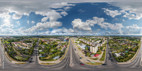 Fotobehang aerial seamless spherical hdri 360 panorama view above road junction with traffic in residential complex with high-rise buildings  with private sector in provincial town in equirectangular projection