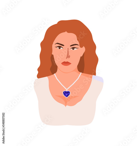 Young elegant ladie wearing massive heart-shaped diamond necklace jewelry isolated on the white background. Heart of the Ocean necklace vector illustration