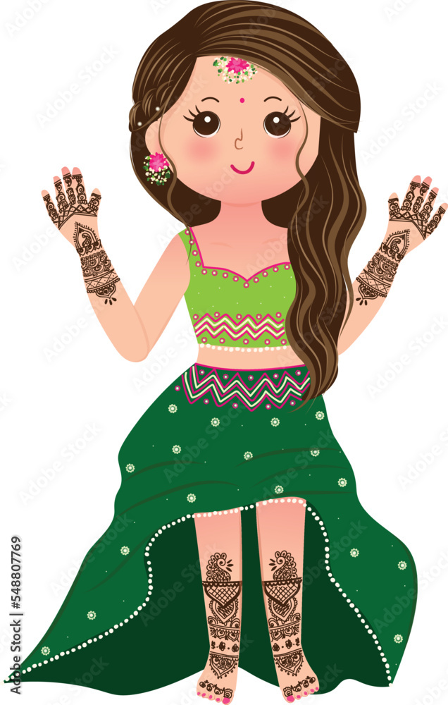 Cute Indian Girl In Mehndi Outfit Indian Bride With Henna Hands On Mehndi Function Illustration