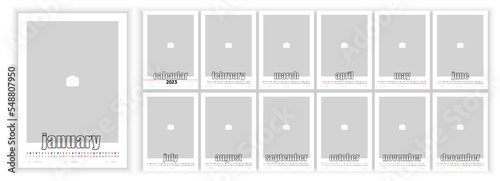 Wall Monthly Photo Calendar 2023. Simple monthly vertical photo calendar Layout for 2023 year in English. Cover Calendar, 12 months templates. Week starts from Monday. Vector illustration