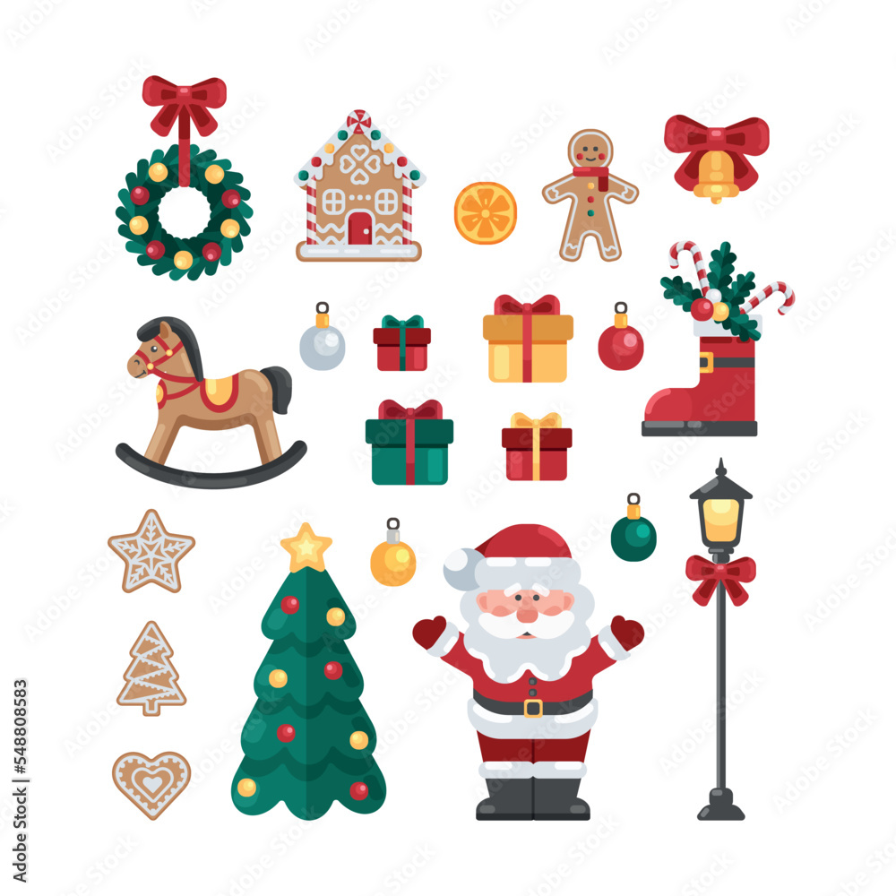 Christmas set of vector illustrations in a flat style. Vector set with Santa Claus, Christmas tree, bell, street lamp, gift boxes, rocking horse, ginger house, ginger man, gingerbread, Santa's shoe