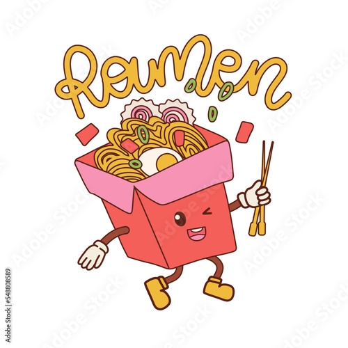 Cute funny wok noodle box character with hands and legs. Cartoon kawaii character Ramen icon. Asian food mascot concept. Isolated Hand drawn vector contour illustration with lettering word