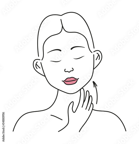 Facial, neck massage. Facial skin care at home, infographic vector icon. Beautiful girl applies cream, tonic, gel on the skin.