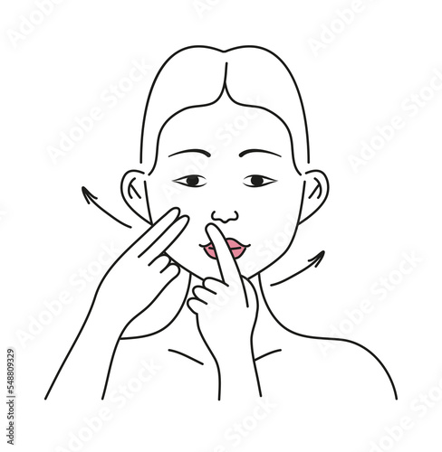 Facial massage. Woman doing face massage, shows hand movement concept in line style. Facial skin care at home.