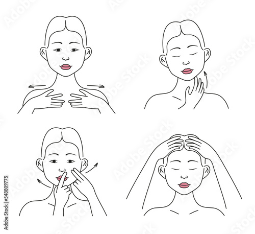 Facial massage. Facial skin care at home, infographic vector set. Beautiful girl applies cream, tonic, gel on the skin.