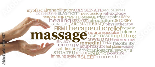 Words associated with the benefits of MASSAGE Word Circle - female cupped hands surrounded by a word cloud relevant to physical body therapy against a white background
 photo