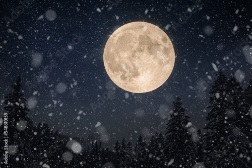 Amazing beautiful big moon in the night sky with stars and winter forest with snow. Winter holidays and night landscape. Snow falls
