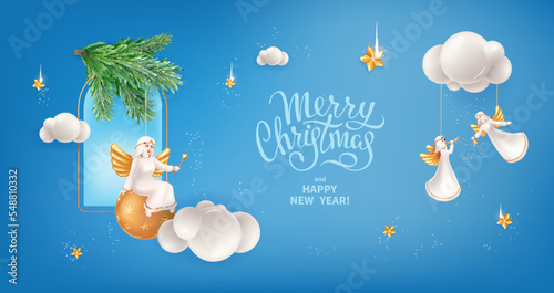 Vector banner for Merry Christmas and Happy New Year holidays. Realistic Christmas tree toys in a shape of Christmas angels, branches of fir tree, sequins and clouds on a sky blue background
