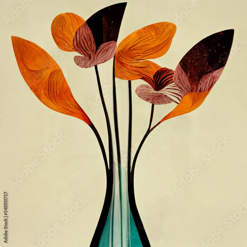 Vase with spring multicolor flowers bouquet in minimalist vintage style.