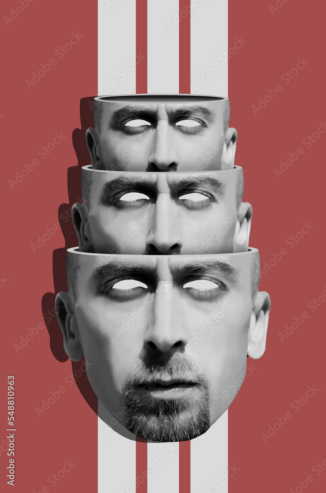 Digital collage in surrealism style with group of divided heads of a men	