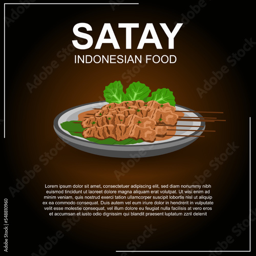Indonesian satay food, Indonesian satay flat style design, Asian food