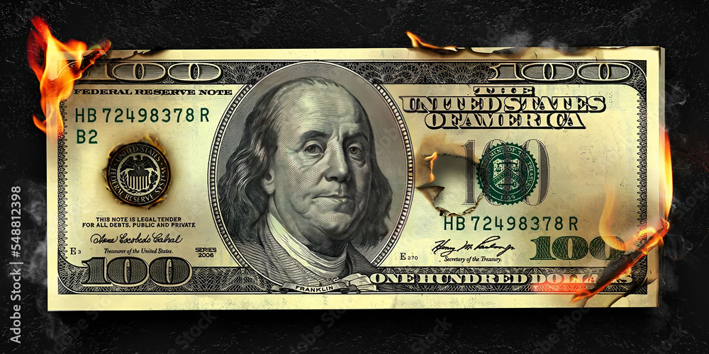 Dollar bill on fire burning 100 dollar - obrazy, fototapety, plakaty 