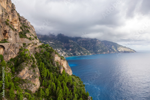 Rocky Cliffs and Mountain Landscape by the Tyrrhenian Sea. Amalfi Coast, Italy. Nature Background.