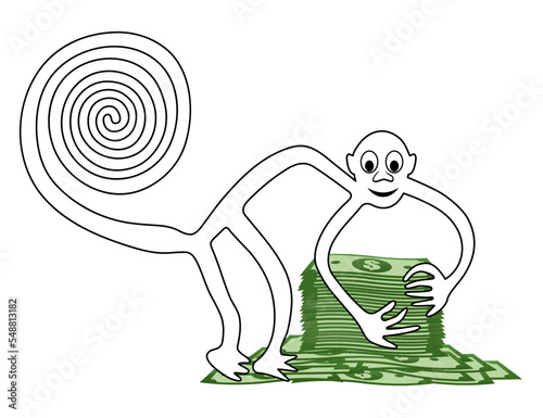 Monkey with a pile of money - a paraphrase of the famous geoglyph The Monkey from Nazca - vector illustration