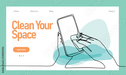 Home cleaning service landing page design concept, illustration of janitors with cleaning tools. Vector illustration