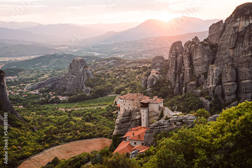 Aerial Drone View of Monastery in Meteora  Greece Golden Hour Sunset Sunrise