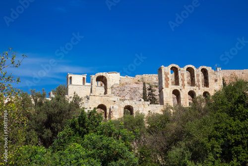 Historic Landmark, Odeon of Herodes Atticus, in the Acropolis of Athens, Greece. Sunny Day