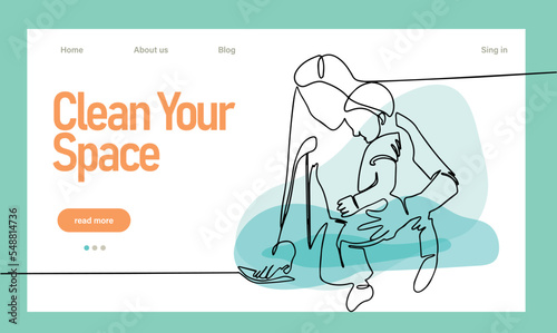 Home cleaning service landing page design concept, illustration of janitors with cleaning tools. Vector illustration
