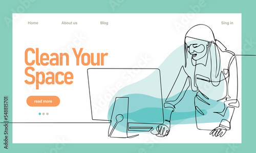 Home cleaning service landing page design concept, illustration of janitors with cleaning tools. Vector illustration