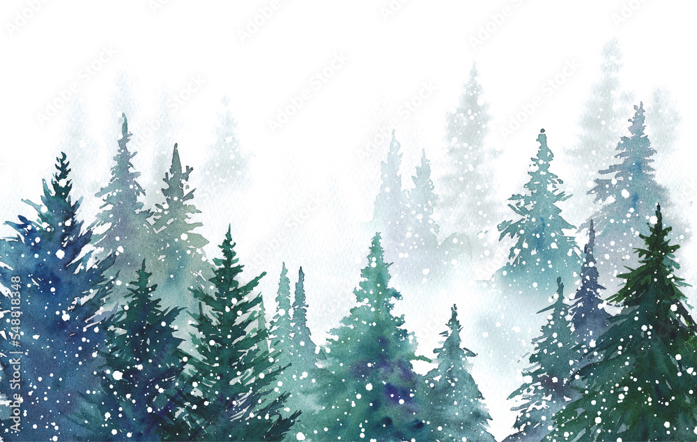 雪降る森林の水彩イラスト。森林の背景。
