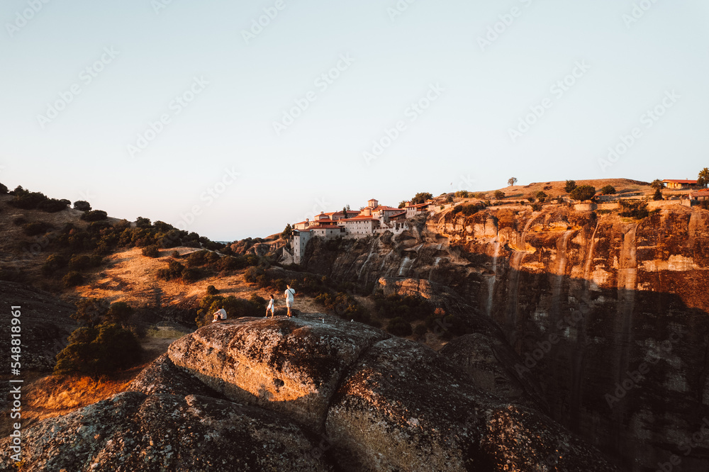 Aerial Drone View of Monastery in Meteora, Greece Golden Hour Sunset Sunrise