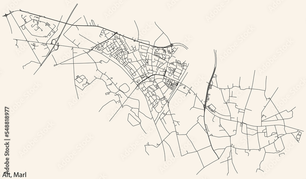Detailed navigation black lines urban street roads map of the ALT-MARL MUNICIPALITY of the German regional capital city of Marl, Germany on vintage beige background