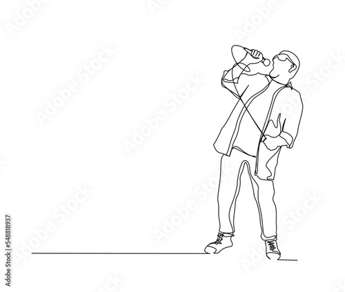 Continuous line drawing of man singing and holding microphone. Vocalist simple line art with active stroke.  Vocalist and music concept.