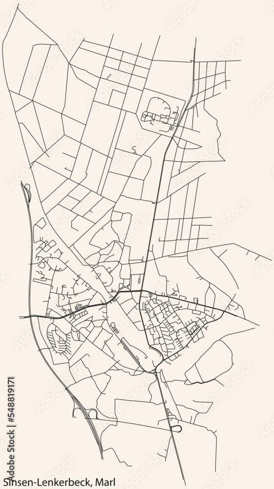 Detailed navigation black lines urban street roads map of the SINSEN-LENKERBECK MUNICIPALITY of the German regional capital city of Marl, Germany on vintage beige background